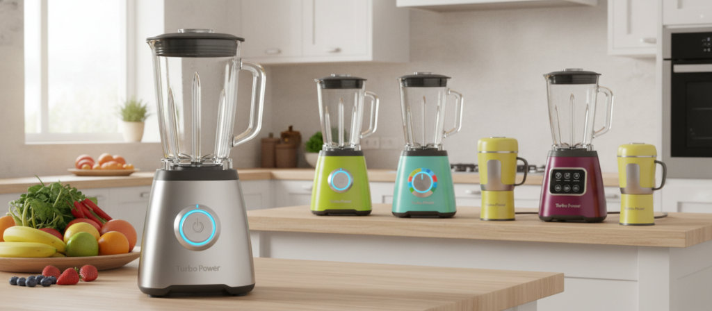 A modern and inviting kitchen showcasing five distinct Turbo Power blenders from 2026, each uniquely designed to illustrate their features and functionalities. In the foreground, highlight a sleek, high-performance blender with a metallic finish, displaying its power button illuminated. In the middle, position a variety of colorful blenders in different sizes and styles, emphasizing cost-effectiveness and usability. The background features a bright, airy kitchen with white cabinets and vibrant ingredients like fruits and vegetables, creating a fresh atmosphere. Use soft, natural lighting to enhance the colors and details, capturing a warm and inviting mood. The scene should reflect a sense of practicality and modernity, suitable for budget-conscious buyers seeking the ideal blender for their needs. A modern and inviting kitchen showcasing five distinct Turbo Power blenders from 2026, each uniquely designed to illustrate their features and functionalities. In the foreground, highlight a sleek, high-performance blender with a metallic finish, displaying its power button illuminated. In the middle, position a variety of colorful blenders in different sizes and styles, emphasizing cost-effectiveness and usability. The background features a bright, airy kitchen with white cabinets and vibrant ingredients like fruits and vegetables, creating a fresh atmosphere. Use soft, natural lighting to enhance the colors and details, capturing a warm and inviting mood. The scene should reflect a sense of practicality and modernity, suitable for budget-conscious buyers seeking the ideal blender for their needs.