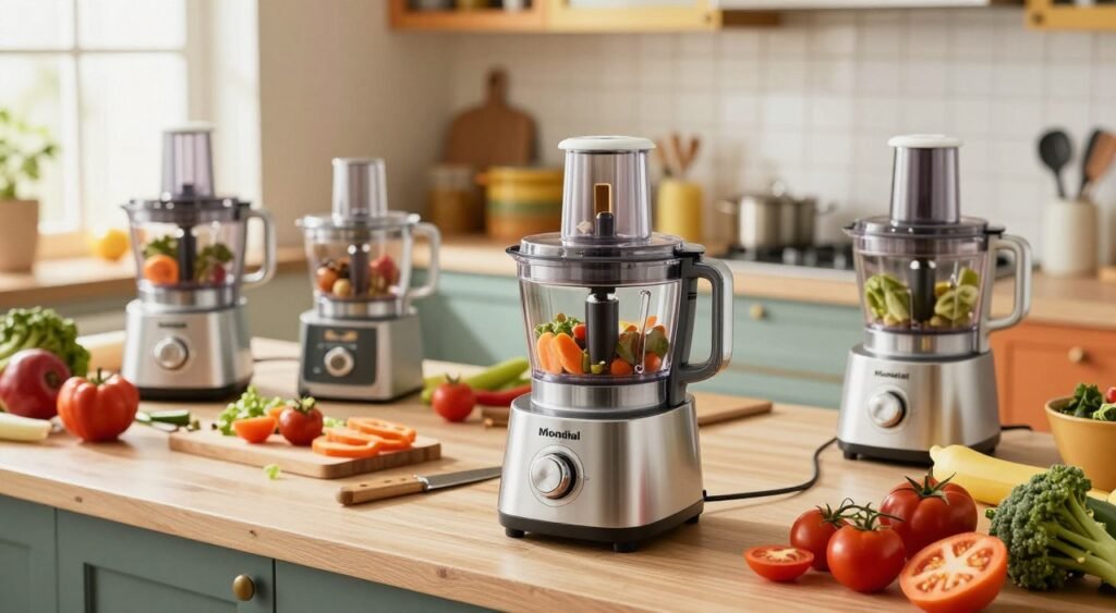 A modern kitchen countertop featuring the Mondial AF-14 food processor prominently in the foreground, showcasing its sleek design and metallic finish. The food processor should be surrounded by an array of fresh vegetables and ingredients, emphasizing its multifunctionality—slicing, chopping, and mixing capabilities. In the middle ground, various models of food processors are arranged for comparison, highlighting differences in size and features, while a colorful kitchen backdrop shows vibrant kitchen utensils and cookware. The lighting should be bright and natural, coming from a window, creating a warm and inviting atmosphere. The angle should be slightly above eye level, capturing the depth and array of products while maintaining focus on the Mondial AF-14. A modern kitchen countertop featuring the Mondial AF-14 food processor prominently in the foreground, showcasing its sleek design and metallic finish. The food processor should be surrounded by an array of fresh vegetables and ingredients, emphasizing its multifunctionality—slicing, chopping, and mixing capabilities. In the middle ground, various models of food processors are arranged for comparison, highlighting differences in size and features, while a colorful kitchen backdrop shows vibrant kitchen utensils and cookware. The lighting should be bright and natural, coming from a window, creating a warm and inviting atmosphere. The angle should be slightly above eye level, capturing the depth and array of products while maintaining focus on the Mondial AF-14.