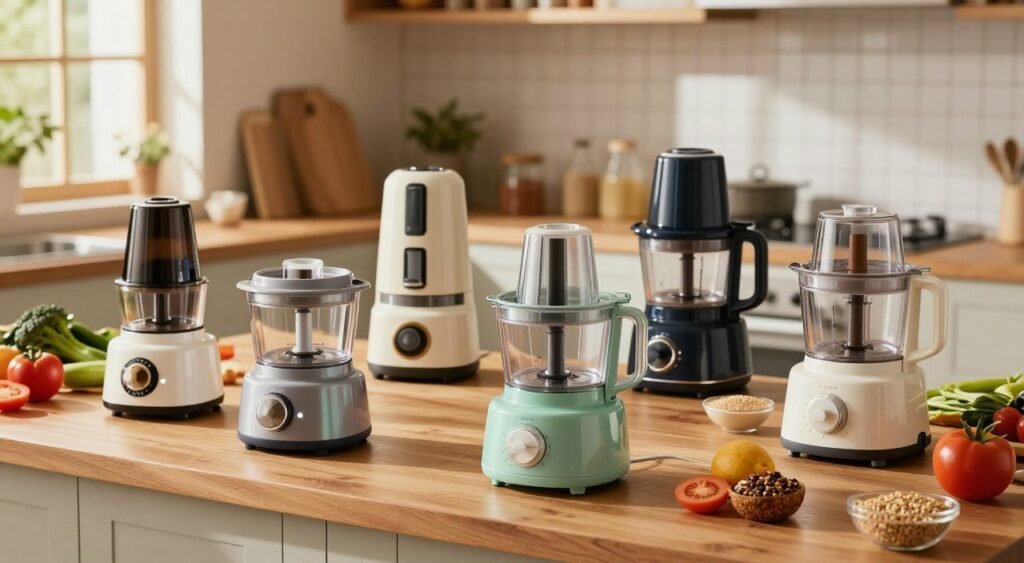 A modern kitchen countertop showcasing a variety of food processors available in Brazil, including different models such as compact, multi-functional, and high-capacity devices. The foreground features these processors in an organized manner, with distinct colors and designs, resting on a wooden surface. In the middle ground, there's a vibrant array of fresh vegetables, fruits, and grains, highlighting their practical use. The background consists of soft-focus kitchen elements, creating a warm and inviting atmosphere. Natural lighting filters through a nearby window, casting gentle shadows and illuminating the details of each appliance. The scene conveys a sense of exploration and quality, ideal for illustrating the comparison of food processors. A modern kitchen countertop showcasing a variety of food processors available in Brazil, including different models such as compact, multi-functional, and high-capacity devices. The foreground features these processors in an organized manner, with distinct colors and designs, resting on a wooden surface. In the middle ground, there's a vibrant array of fresh vegetables, fruits, and grains, highlighting their practical use. The background consists of soft-focus kitchen elements, creating a warm and inviting atmosphere. Natural lighting filters through a nearby window, casting gentle shadows and illuminating the details of each appliance. The scene conveys a sense of exploration and quality, ideal for illustrating the comparison of food processors.