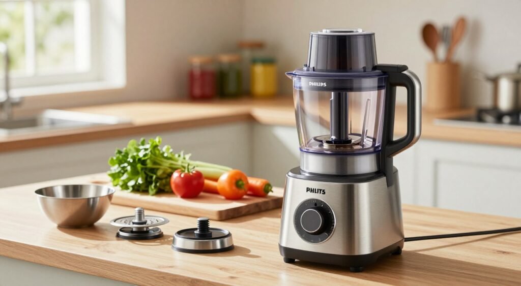 A modern kitchen setting featuring a Philips Walita Daily Collection food processor prominently in the foreground, showcasing its sleek and versatile design. The processor should be in a polished stainless steel finish, with various attachments displayed beside it, such as slicing blades and mixing bowls. In the middle ground, a wooden cutting board with fresh vegetables and herbs adds a splash of color, reflecting its everyday use. The background shows soft-focus kitchen elements like colorful jars and utensils, creating a warm and inviting atmosphere. Bright, natural lighting filters through a nearby window, highlighting the appliance's features and casting gentle shadows. The overall mood is practical yet stylish, perfect for illustrating its utility in daily cooking tasks. A modern kitchen setting featuring a Philips Walita Daily Collection food processor prominently in the foreground, showcasing its sleek and versatile design. The processor should be in a polished stainless steel finish, with various attachments displayed beside it, such as slicing blades and mixing bowls. In the middle ground, a wooden cutting board with fresh vegetables and herbs adds a splash of color, reflecting its everyday use. The background shows soft-focus kitchen elements like colorful jars and utensils, creating a warm and inviting atmosphere. Bright, natural lighting filters through a nearby window, highlighting the appliance's features and casting gentle shadows. The overall mood is practical yet stylish, perfect for illustrating its utility in daily cooking tasks.