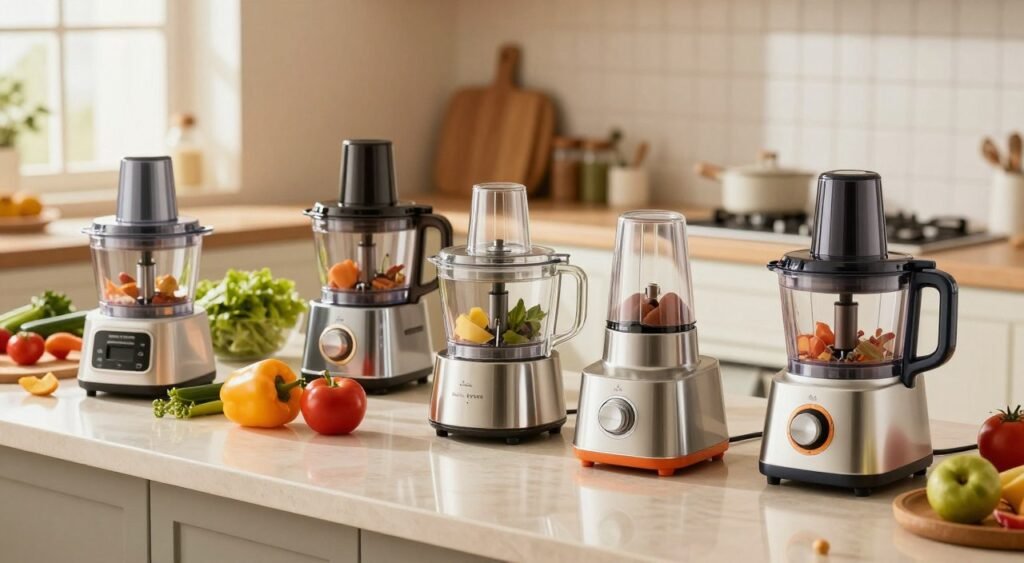A vibrant kitchen scene featuring multiple food processors of various models elegantly arranged on a polished countertop, showcasing their sleek designs and diverse functionalities. In the foreground, focus on modern, high-quality food processors with shiny metallic finishes and colorful attachments. The middle ground features a set of ingredients like fresh vegetables and fruits waiting to be prepared, highlighting the versatility of the appliances. The background shows a soft-lit kitchen environment with warm tones, enhancing a welcoming atmosphere. Use natural lighting to create subtle reflections on the countertop, and a slightly elevated angle to capture the depth and details of the food processors. The mood should evoke excitement and practicality, appealing to users interested in advanced kitchen tools for 2024. A vibrant kitchen scene featuring multiple food processors of various models elegantly arranged on a polished countertop, showcasing their sleek designs and diverse functionalities. In the foreground, focus on modern, high-quality food processors with shiny metallic finishes and colorful attachments. The middle ground features a set of ingredients like fresh vegetables and fruits waiting to be prepared, highlighting the versatility of the appliances. The background shows a soft-lit kitchen environment with warm tones, enhancing a welcoming atmosphere. Use natural lighting to create subtle reflections on the countertop, and a slightly elevated angle to capture the depth and details of the food processors. The mood should evoke excitement and practicality, appealing to users interested in advanced kitchen tools for 2024.