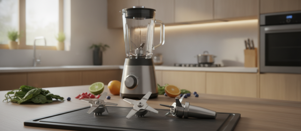 A visually striking image showcasing removable blender blades prominently displayed in the foreground. The focus is on the blades, emphasizing their sharp edges and innovative design, with a sleek aesthetic that highlights modern kitchen technology. In the middle ground, a high-quality, contemporary blender with a transparent jug allows viewers to see the blades inside, symbolizing versatility in blending. The background features a softly blurred kitchen setting, with warm, inviting lighting that enhances the mood of a welcoming culinary environment. A slight overhead angle captures the details of the blades and the blender, while maintaining a professional and clean composition. The atmosphere conveys efficiency and sophistication, illustrating the practical differences between fixed and removable blades in a vibrant kitchen context. A visually striking image showcasing removable blender blades prominently displayed in the foreground. The focus is on the blades, emphasizing their sharp edges and innovative design, with a sleek aesthetic that highlights modern kitchen technology. In the middle ground, a high-quality, contemporary blender with a transparent jug allows viewers to see the blades inside, symbolizing versatility in blending. The background features a softly blurred kitchen setting, with warm, inviting lighting that enhances the mood of a welcoming culinary environment. A slight overhead angle captures the details of the blades and the blender, while maintaining a professional and clean composition. The atmosphere conveys efficiency and sophistication, illustrating the practical differences between fixed and removable blades in a vibrant kitchen context.