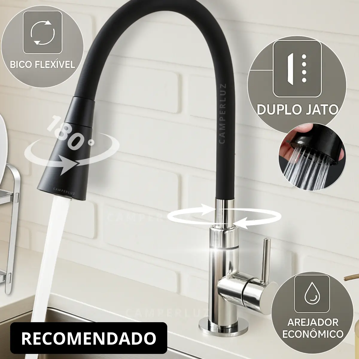 Torneira Gourmet Luxo Flexível Cozinha Bancada 2 Jatos Pia Cor Preto - Marca Camperluz