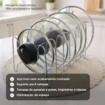 Suporte Organizador de Tampas Panela Pote Frigideira 6 Divisórias Aço Inox Cromado Boa Dica
