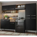 Armário de cozinha modulada completa compacta Emilly pop com armário e balcão cor rustic/preto GREM229002