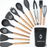 Kit 12 Utensílios De Silicone Com Cabo De Madeira - Marca Aristus Com Alta Resistência, Durável E Com Design Moderno, Perfeito Para Sua Cozinha Cor Cinza