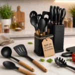 Kit Jogo Utensílios de Cozinha 19 Peças Silicone com Cabo de Madeira para Panela Antiaderente Não Risca Balde Organizador Conjunto Completo Preto 32cm Resistente ao Calor Ponte Lar Utilidades