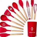 Kit 12 Utensílios De Cozinha Em Silicone Premium Com Cabo De Madeira Aristus Resistentes Ao Calor Até 220°c, Antiaderentes, Duráveis E Modernos Cor Vermelho