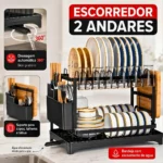 Escorredor De Louça Inoxidável 2 Andares Drenagem Automática Bandeja Grande 360º Organizador Pia Com Porta Pratos Tigelas Talheres Copos
