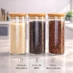 Kit 3 Potes De Vidro Herméticos Com Tampa De Bambu De 1 Litro Para Mantimentos Alimentos Grãos Café Massas Cereais Cozinha Com Vedação Hermética Vidro Borossilicato Bpa Free Transparente