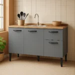 Gabinete de Pia 1,20 Balcão de Cozinha Multiuso 3 Portas Armário de Pia Armário de Cozinha 120x80x52cm Organizador para Pia Cor Branco Ideal para cozinha compacta e área de serviço Porta Panela Cinza
