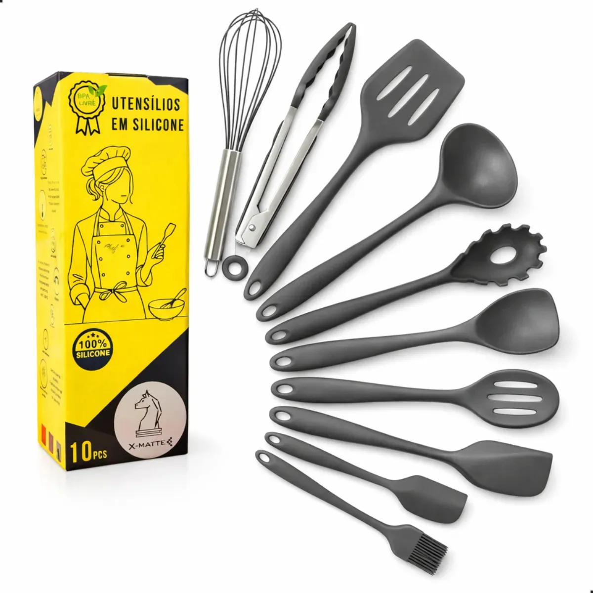 Conjunto Kit Utensílios De Cozinha Silicone X-Matte 10 Peças Não Risca Panela Antiaderente Espátula Concha Escumadeira Resistente Ao Calor Livre BPA Cinza Cinza-escuro