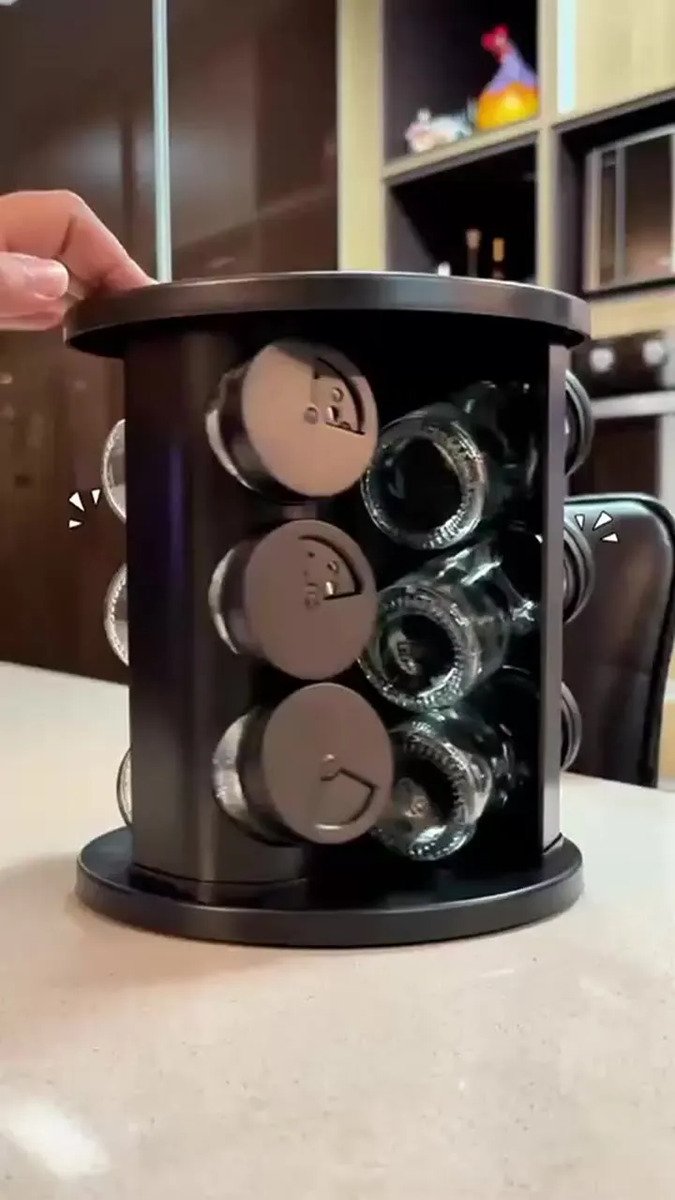 Porta Temperos Condimentos 9 Unidades Potes Vidro Base Giratória Preto Organizador Cozinha Dosador Sólar - Imagem 4