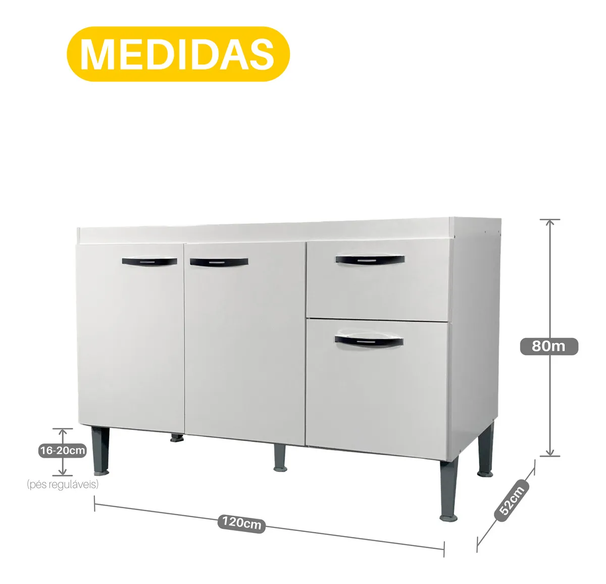 Gabinete de Pia 1,20 Balcão de Cozinha Multiuso 3 Portas Armário de Pia Armário de Cozinha 120x80x52cm Organizador para Pia Cor Branco Ideal para cozinha compacta e área de serviço Porta Panela Branco - Imagem 9