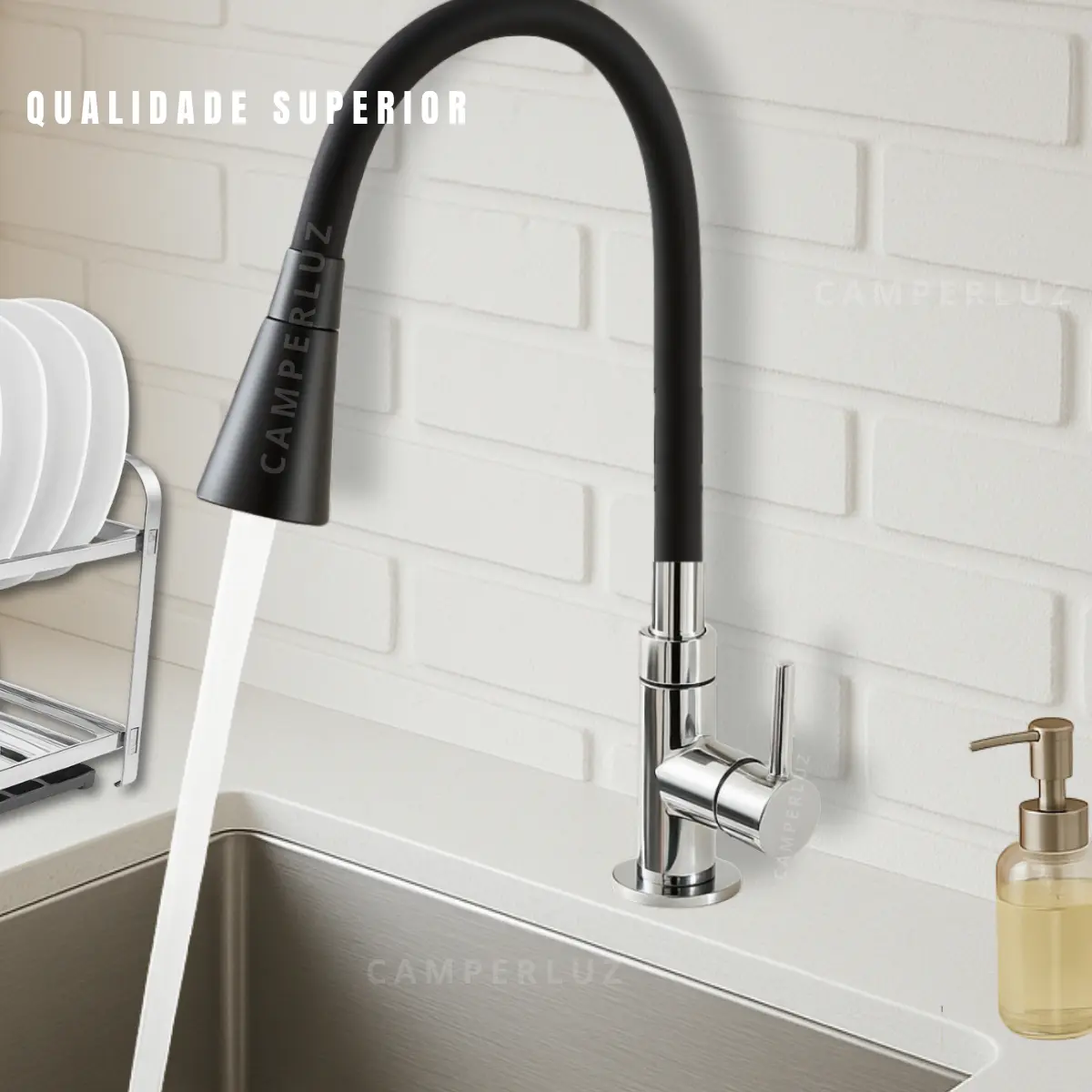 Torneira Gourmet Luxo Flexível Cozinha Bancada 2 Jatos Pia Cor Preto - Marca Camperluz - Imagem 8