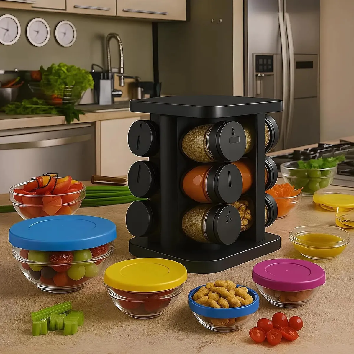 Porta Temperos Giratório 360° 12 Potes Vidro 85ml Tampa Inox Organizador Condimentos Cozinha Suporte Temperos Bancada Mesa Porta Condimento Premium - Imagem 8