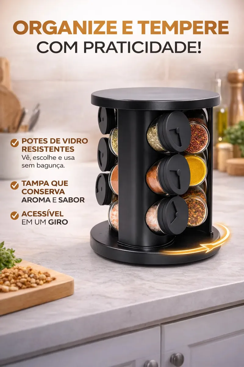 Porta Temperos Condimentos 9 Unidades Potes Vidro Base Giratória Preto Organizador Cozinha Dosador Sólar - Imagem 10
