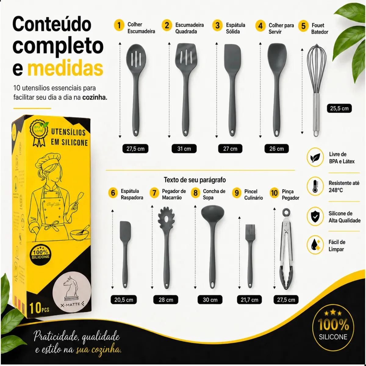 Conjunto Kit Utensílios De Cozinha Silicone X-Matte 10 Peças Não Risca Panela Antiaderente Espátula Concha Escumadeira Resistente Ao Calor Livre BPA Cinza Cinza-escuro - Imagem 10
