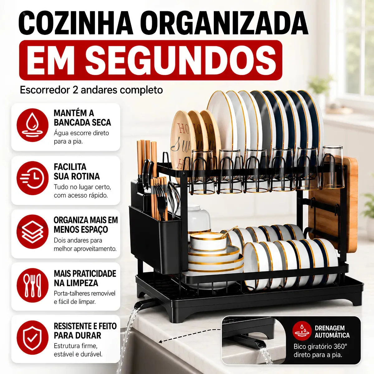 Escorredor De Louça Inoxidável 2 Andares Drenagem Automática Bandeja Grande 360º Organizador Pia Com Porta Pratos Tigelas Talheres Copos - Imagem 9